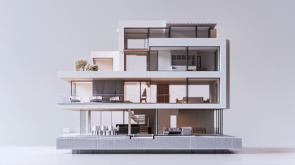 Modern, minimalist architectural scale model showcasing clean lines, open spaces, and natural elements in a sophisticated, contemporary design.