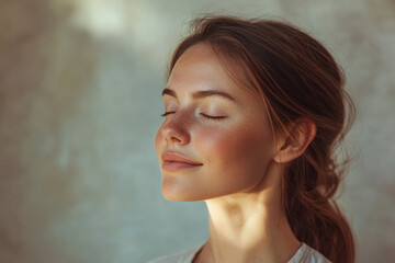 A close up of a woman's face with her eyes closed