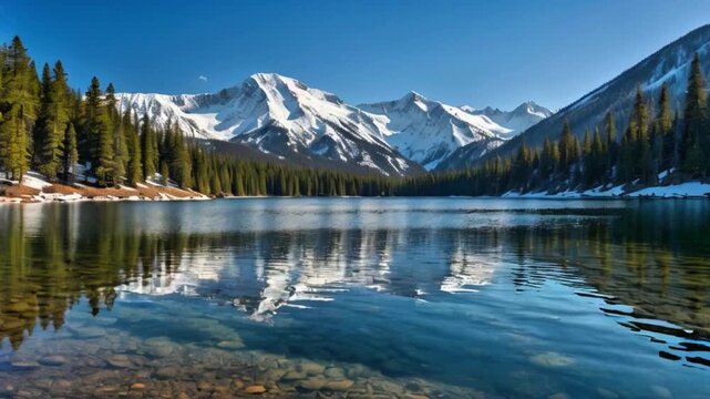 A calm, peaceful, serene lake with gentle waves in snow covered hills or mountains with tamarix dioica or jhau gach Generative AI