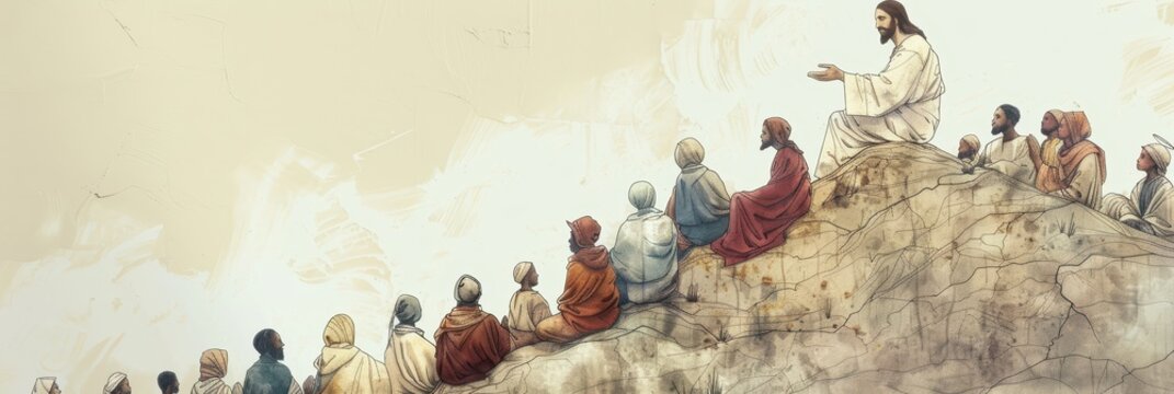 Jesus teaching the Beatitudes on a hill, highlighting themes of divine wisdom and guidance, great for biblical illustration and inspirational imagery