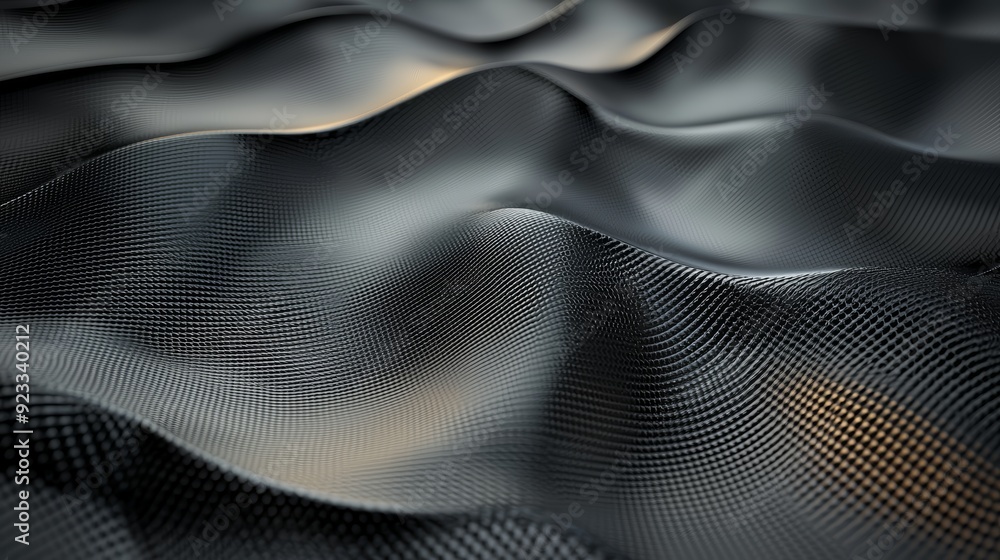 Poster a close-up view of elegant black fabric, showcasing dynamic waves and intricate textures that evoke 