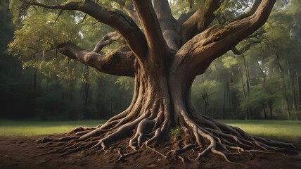 Portrait of an old tree with roots coming out of the ground in an old forest


