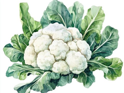 Vibrant watercolor of a cheerful colorful cauliflower plant with green leaves isolated on a clean white background  This botanical