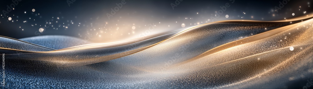 Poster an abstract wave pattern with golden highlights and a soft blue backdrop, perfect for creating a ser