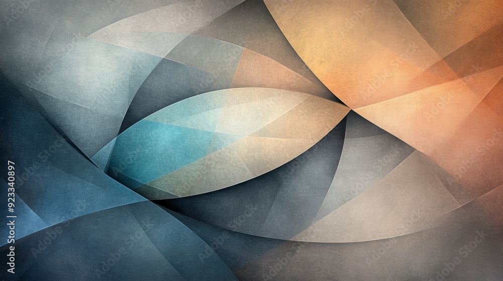 Poster abstract geometric artwork featuring overlapping shapes in soft tones of blue, orange, and gray, cre