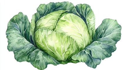 Obraz premium Whimsical and Charming Watercolor of a Smiling Cabbage with Vibrant Leafy Layers Isolated on a Clean White Background Perfect for Healthy Cooking Gardening or Lifestyle Design