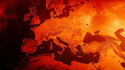 Intense red-hued map of Europe, striking a strong visual impact with detailed topography and vivid contrast, portraying the essence of geographical art.