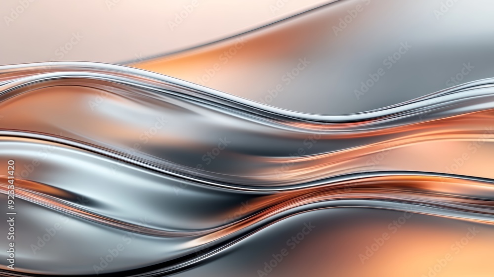 Poster a captivating abstract image featuring smooth flowing metallic waves blending with warm hues, creati
