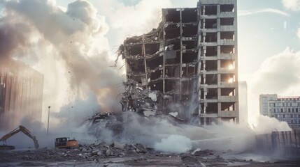 A large building collapsing amidst clouds of dust, capturing the dramatic moment of demolition in an urban setting.