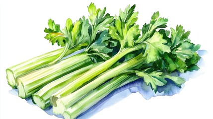 Fototapeta premium Cheerful and Vibrant Watercolor of Celery Stalks with Green Leaves Isolated on a Clean White Background Perfect for Culinary Food and Healthy Lifestyle Designs