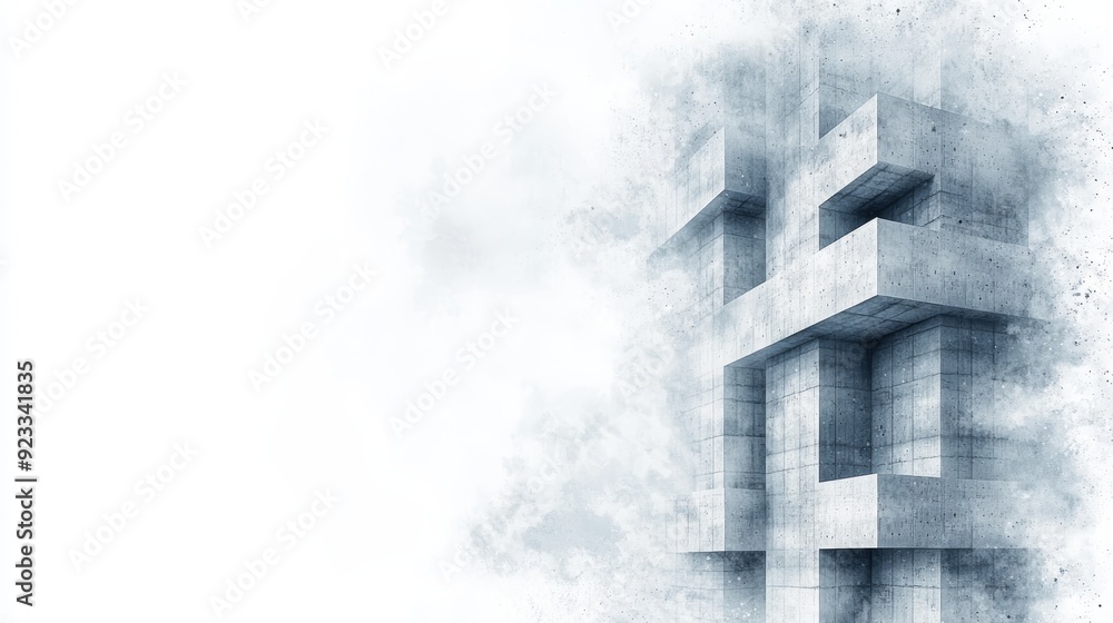 Poster abstract structure with a modern design, featuring layered geometric forms emerging from a misty bac