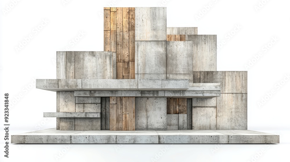 Poster abstract architectural composition with concrete and wooden blocks, showcasing modern design element