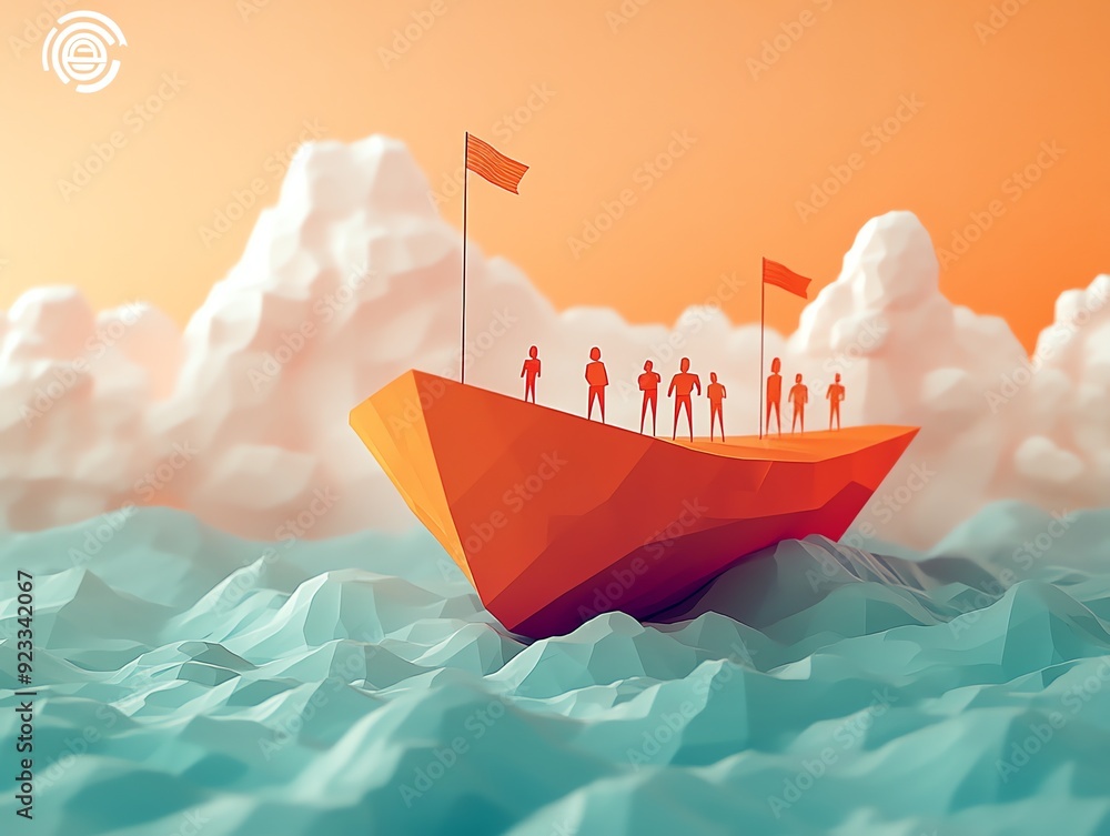 Poster paper boat sailing with team of figures on a journey towards the sunset.