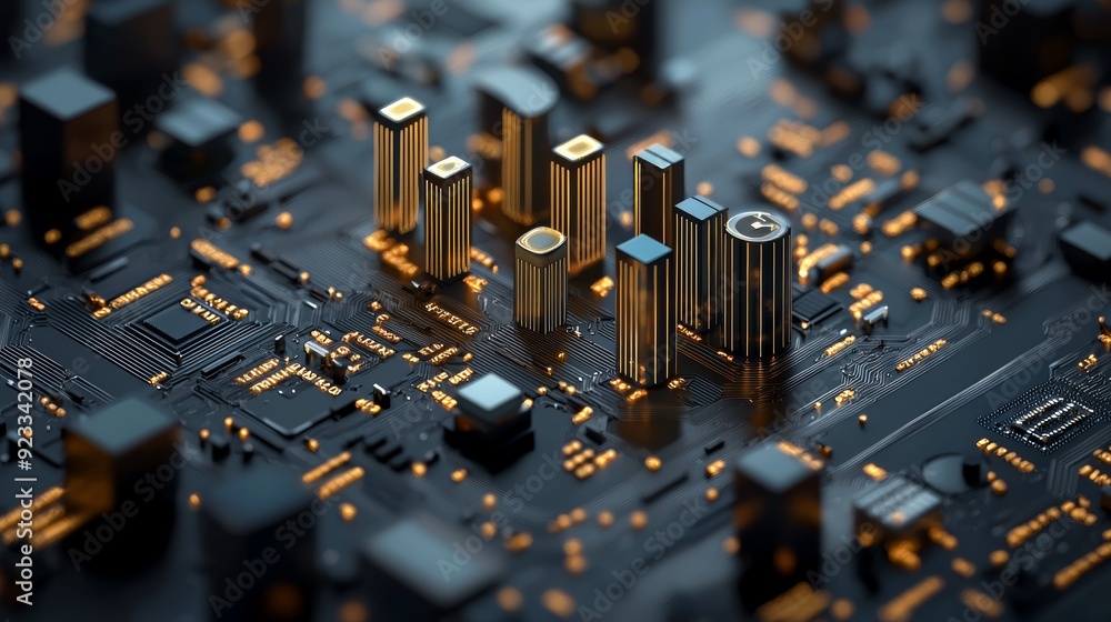 Poster close-up view of a modern circuit board, featuring golden components and intricate patterns, highlig
