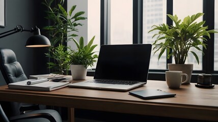 Fototapeta premium Minimalist desk with laptop, plants and notepad in modern office