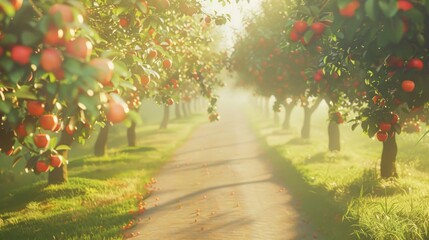 Idyllic orchard pathway lined with lush apple-laden trees, bathed in soft sunlight, inviting a serene stroll amidst nature's bounty.