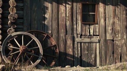 Obraz premium An ancient, rustic wooden wheel rests against the aged façade of an old barn, showcasing a glimpse of historical rural life.