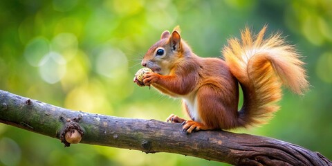 Obraz premium Red squirrel eating a nut on a tree branch , wildlife, nature, animal, cute, fluffy, feeding, outdoors, forest, small, mammal