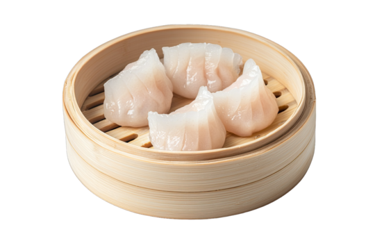 Dim sum dumpling with shrimp filling isolated on white background