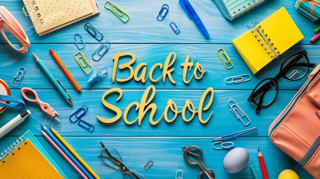 colorful text back to school on wooden table