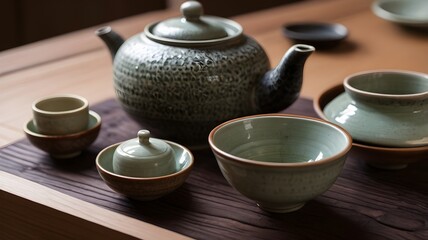 Fototapeta premium Detail of a traditional Japanese tea ceremony with ceramic bowls