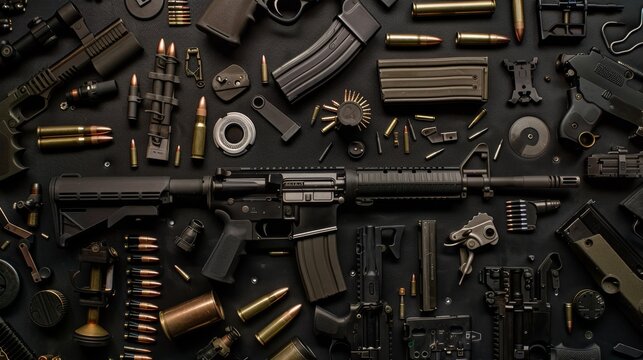 An array of various firearms and ammunition meticulously arranged on a dark surface, symbolizing military or tactical readiness and precision.