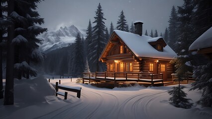 House in the woods while it is snowing. world most beautiful Wallpaper, Landscape