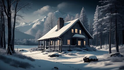 House in the woods while it is snowing. world most beautiful Wallpaper, Landscape