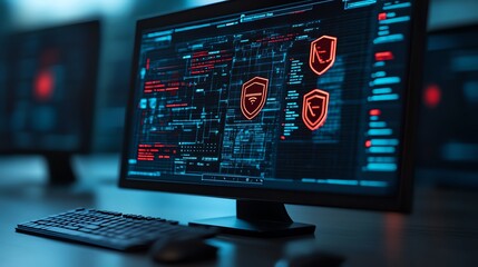 Detailed view of a security alert on a monitor with red warning symbols, cybersecurity, breach prevention