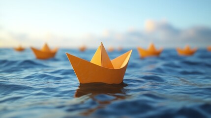 Paper boat sailing on blue water.