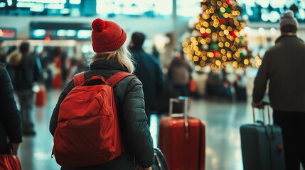 Holiday traveler with a red backpack at a busy airport terminal, Christmas tree in the background capturing the festive travel season