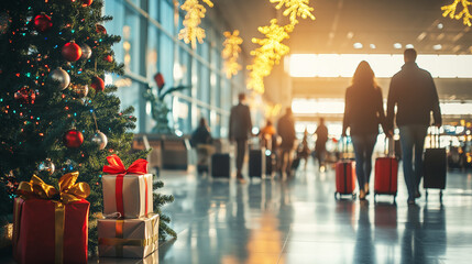 Travelers walking through a decorated airport terminal during the holiday season, with Christmas trees and gifts creating a festive atmosphere