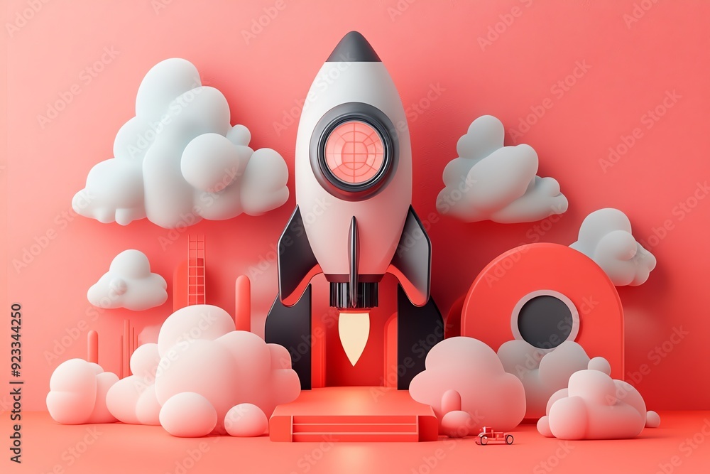 Aufkleber 3D Rocket Launch with Abstract Clouds and Minimalist Design.