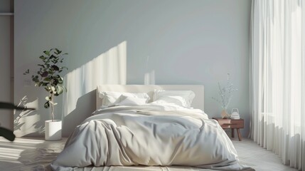 A beautifully sunlit bedroom, featuring a made bed with white linens, a wooden nightstand, and sheer curtains, exuding calm and comfort.