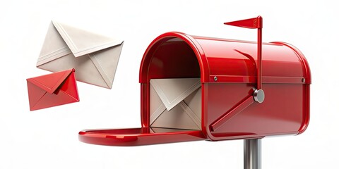 of red mailbox with flying envelope, representing mail delivery and newsletter concept, render, mailbox, red