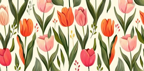 Colorful floral pattern featuring tulips and leaves on a light background