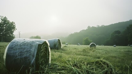 Wrapped hay bales dot a misty, early morning field, creating a serene, rural landscape against the soft, light sky.