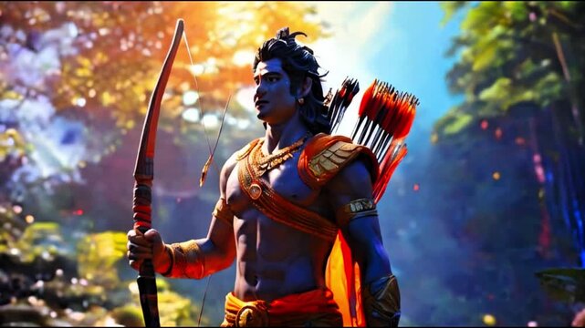 Indian god Ram or lord Krishna holding archer skewers bow in Mahabharata or Ramayana with colorful cinematic graphics Generative AI