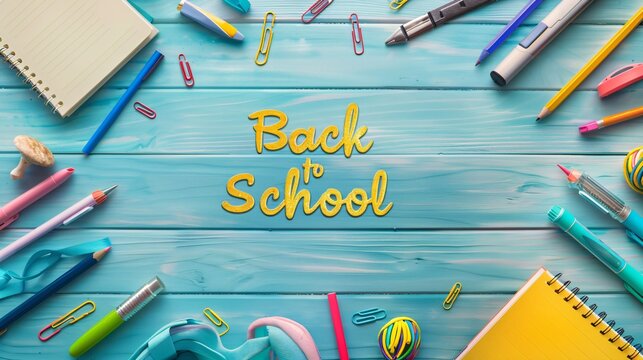 top view of colorful text back to school on wooden table