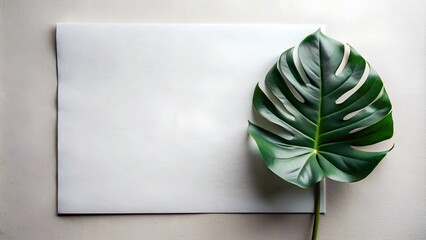 Elegant Mockup with Dark Green Mini Monstera Leaf on Textured White Paper