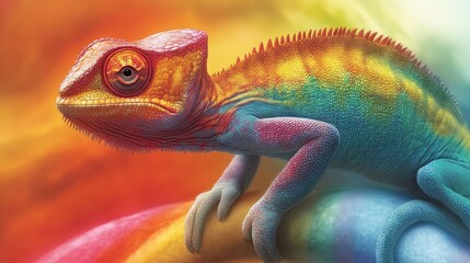 Obraz premium Rainbow Camouflage: Chameleon Blending into a Vibrant Spectrum of Colors