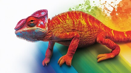 Obraz premium Rainbow Camouflage: Chameleon Blending into a Vibrant Spectrum of Colors