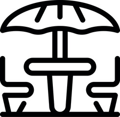 Line icon representing a set of terrace furniture with two chairs and a parasol, ideal for outdoor eating