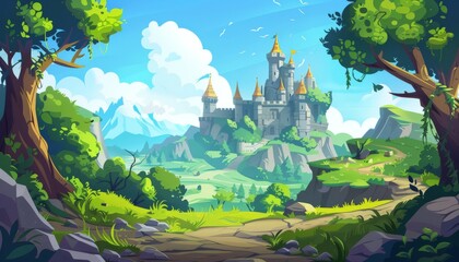 Sunny skies and castle dreams a peaceful retreat. Majestic castle by the river. Magical castle landscape. Cartoon game illustration background.