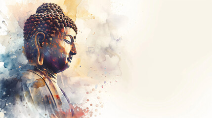 Watercolor painting of buddha statue representing spirituality and faith with copy space