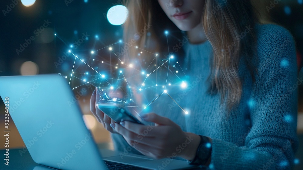 Poster digital technology marketing iot internet of things. woman using mobile phone and laptop computer su