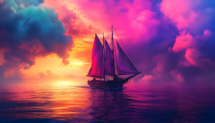 Obraz premium A ship is sailing in the ocean with a bright purple and pink color scheme