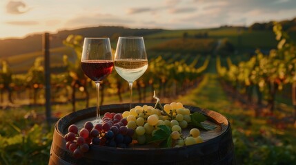 Fototapeta premium The glasses on vineyard barrel