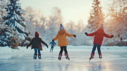 Children ice skating on a frozen outdoor rink surrounded by snowy trees, enjoying a winter day of...