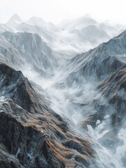 Majestic Mountain Range with Snowy Peaks and Misty Valleys